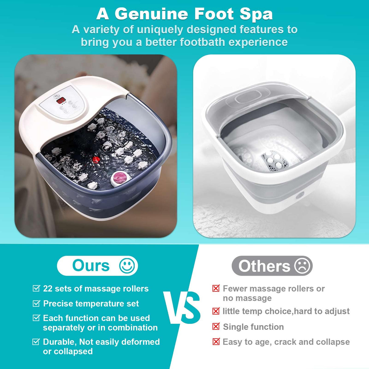 ECARBME Foot Spa Bath Massager with Heat [2025 Upgraded], Vibration, Temperature Control, Jets, Bubbles, Epsom Salt, Feet Massager with 22 Massage Rollers, Foot Bath for Relaxation, Large, Grey
