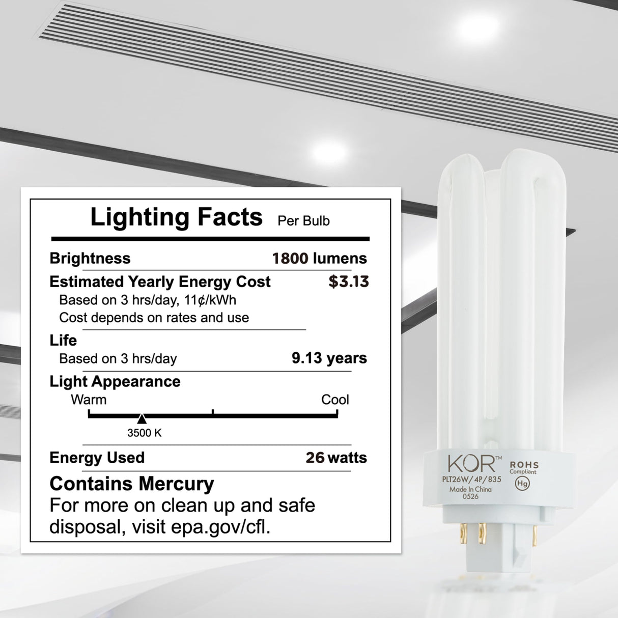 KOR (Pack of 4 26 Watt Triple Tube - GX24Q-3 (4 Pin) Base -3500K White - CFL Light Bulb - Philips 268243 PL-T 26W/35/4P/ALTO - GE 97616 F26TBX/835/A/ECO