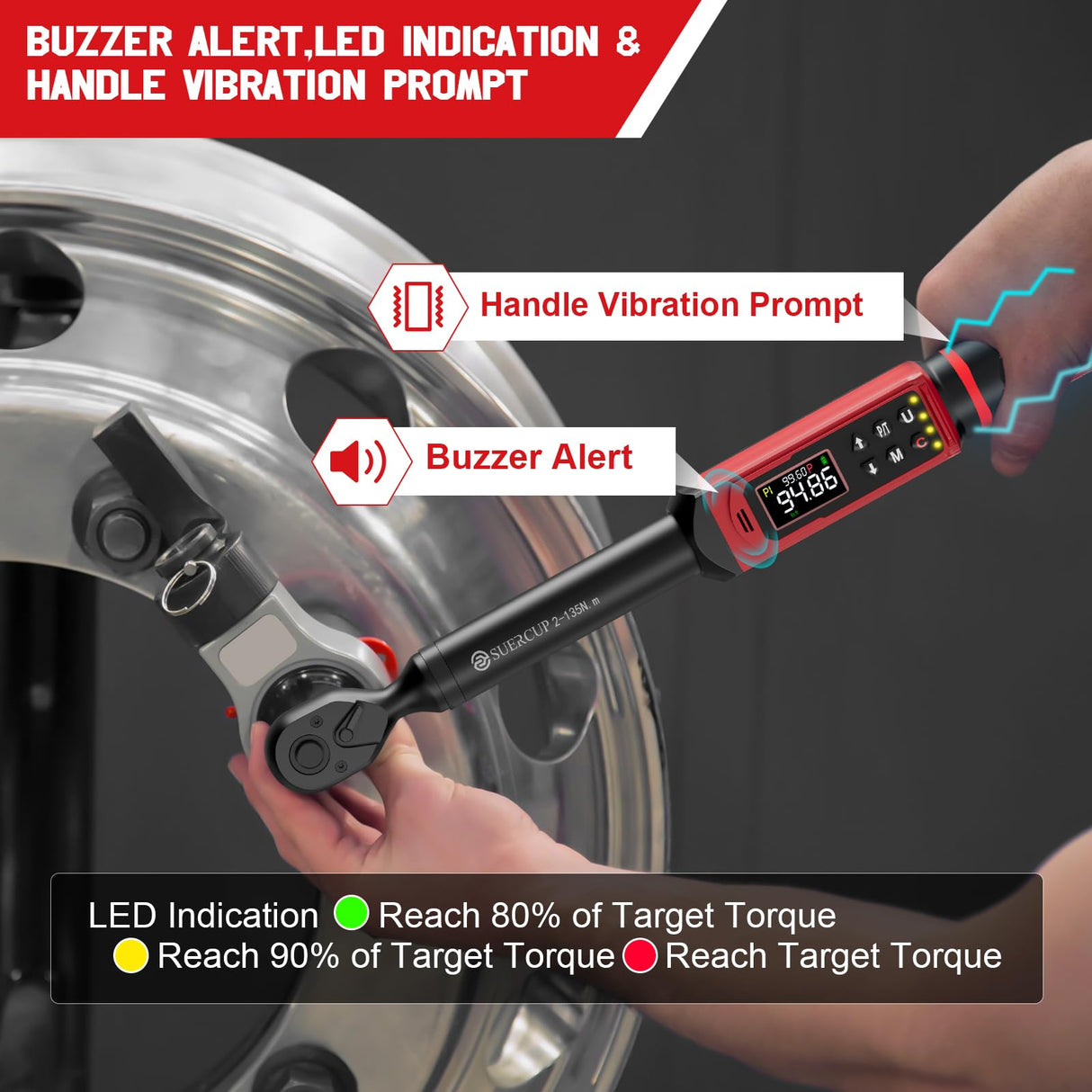 SUERCUP 3/8-inch Digital Torque Wrench(1.5-99.6Ft.Lb/2-135Nm) ±1% Accuracy Digital Torque Wrench with Vibration, Buzzer,LED Notification and Five Units of Measure, for Motorcycle, Auto Repair