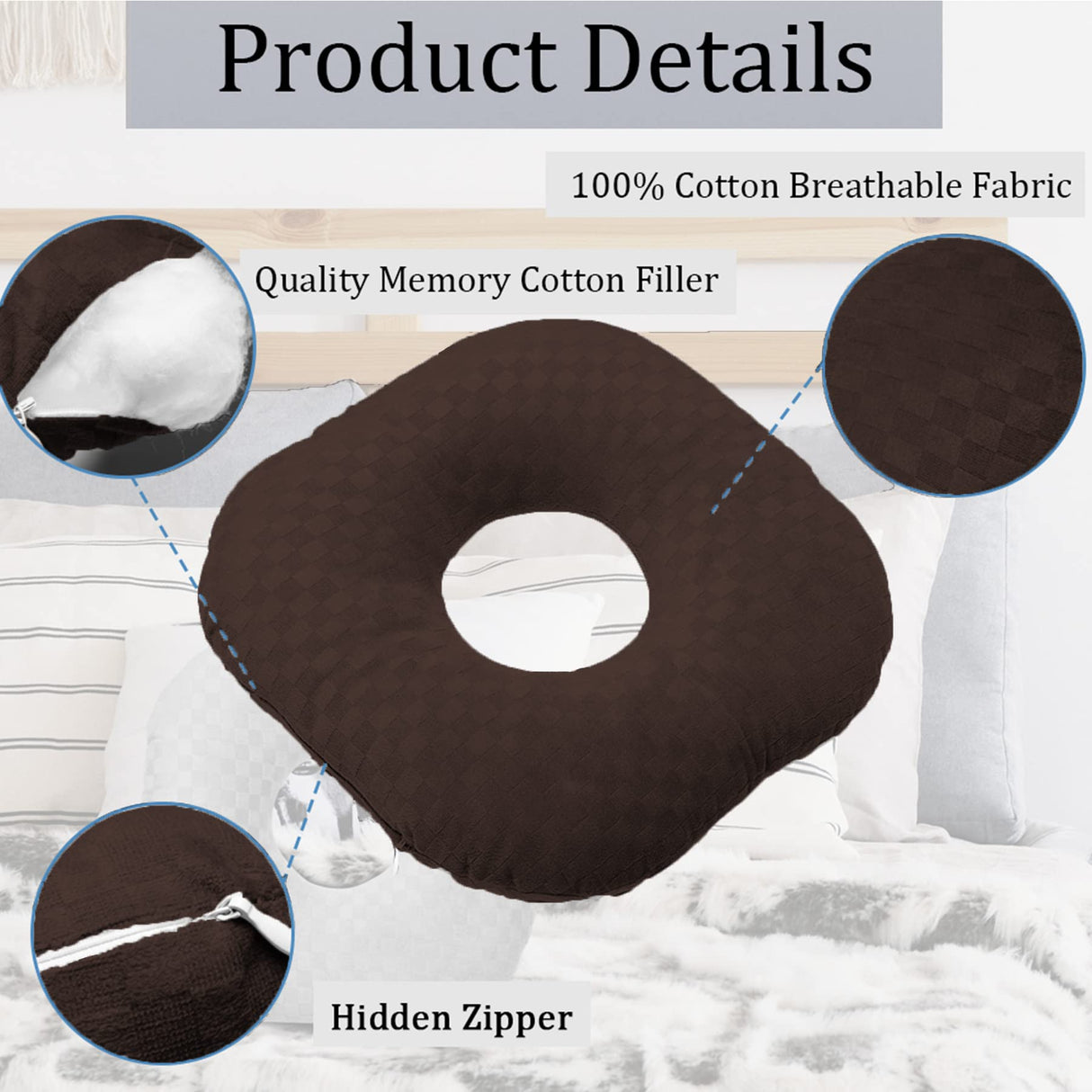 Wuronsa Ear Piercing Pillow for Side Sleepers, Pillow with an Ear Hole for CNH and Ear Pain Ear Inflammation Pressure Sores, O-Shaped Side Sleeping Pillow, Ear Guard Pillow(Dark Brown)