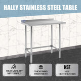 Hally Open Base Stainless Steel Table 24 x 36 Inches, NSF Commercial Heavy Duty Prep & Work Table with Backplash and Galvanized Legs for Restaurant, Home and Hotel