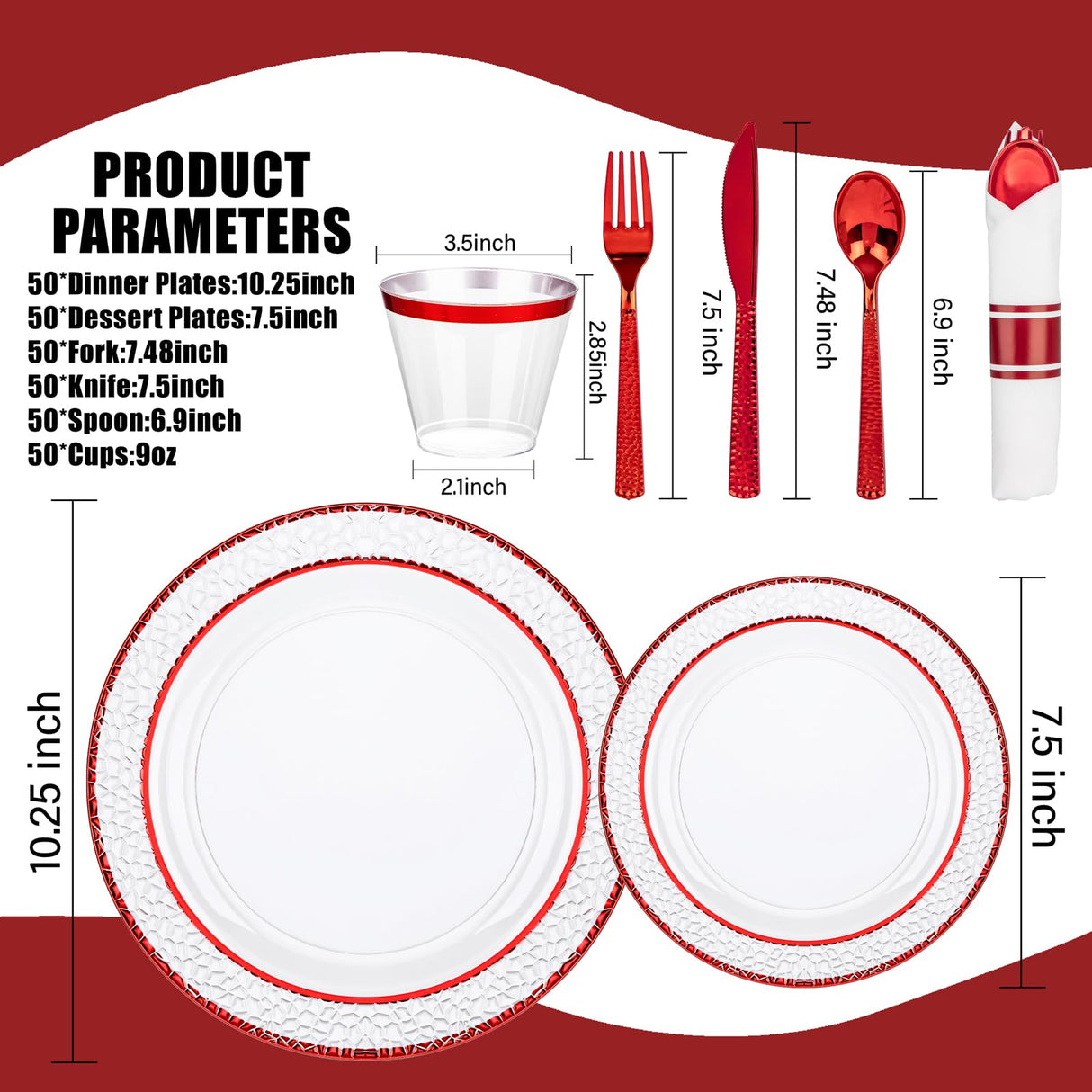 Ciaell 350 PCS Clear and Red Plastic Plates – Red Dinnerware Set for 50 Guests Include 100 Plastic Plates, 50 Pre Rolled Napkins with Cutlery Set, 50 Cups for Wedding & Party & Anniversary & Christmas