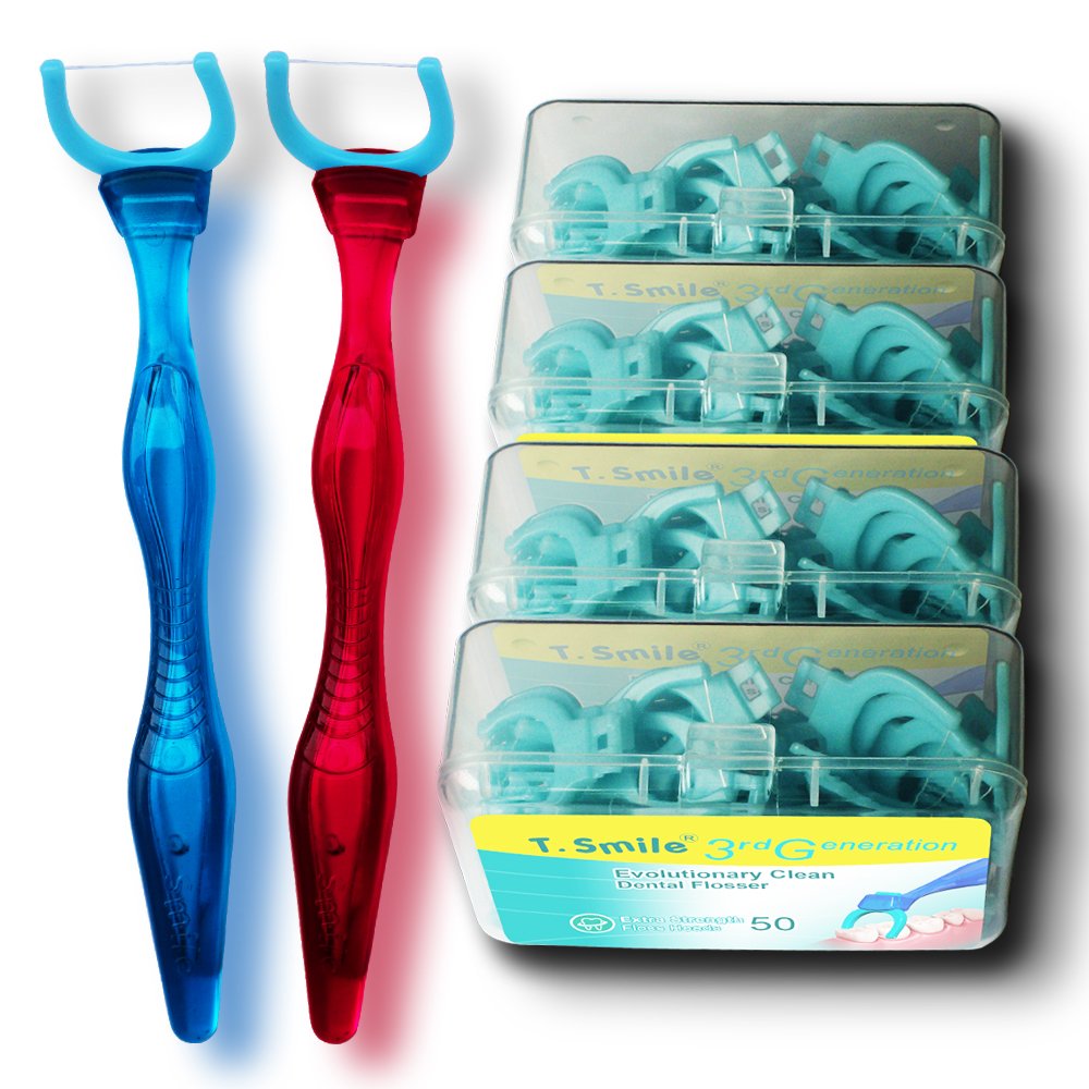 T.Smile Evolutionary Clean Dental Flossers, Kit of Refills Plus Mid-Length Handle (2 Handles + 200 Refills)