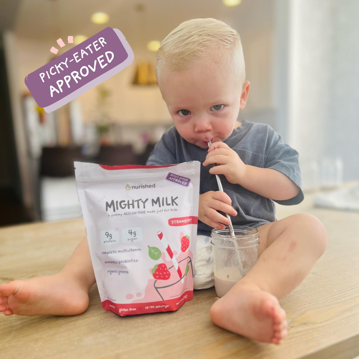 Nurished Mighty Strawberry Milk - Kids All-in-One Daily Protein Powder & Multivitamin Boosted with 2 Billion Probiotics & Organic Spinach - Natural Flavors, Colors & Sweeteners - 15-30 Servings