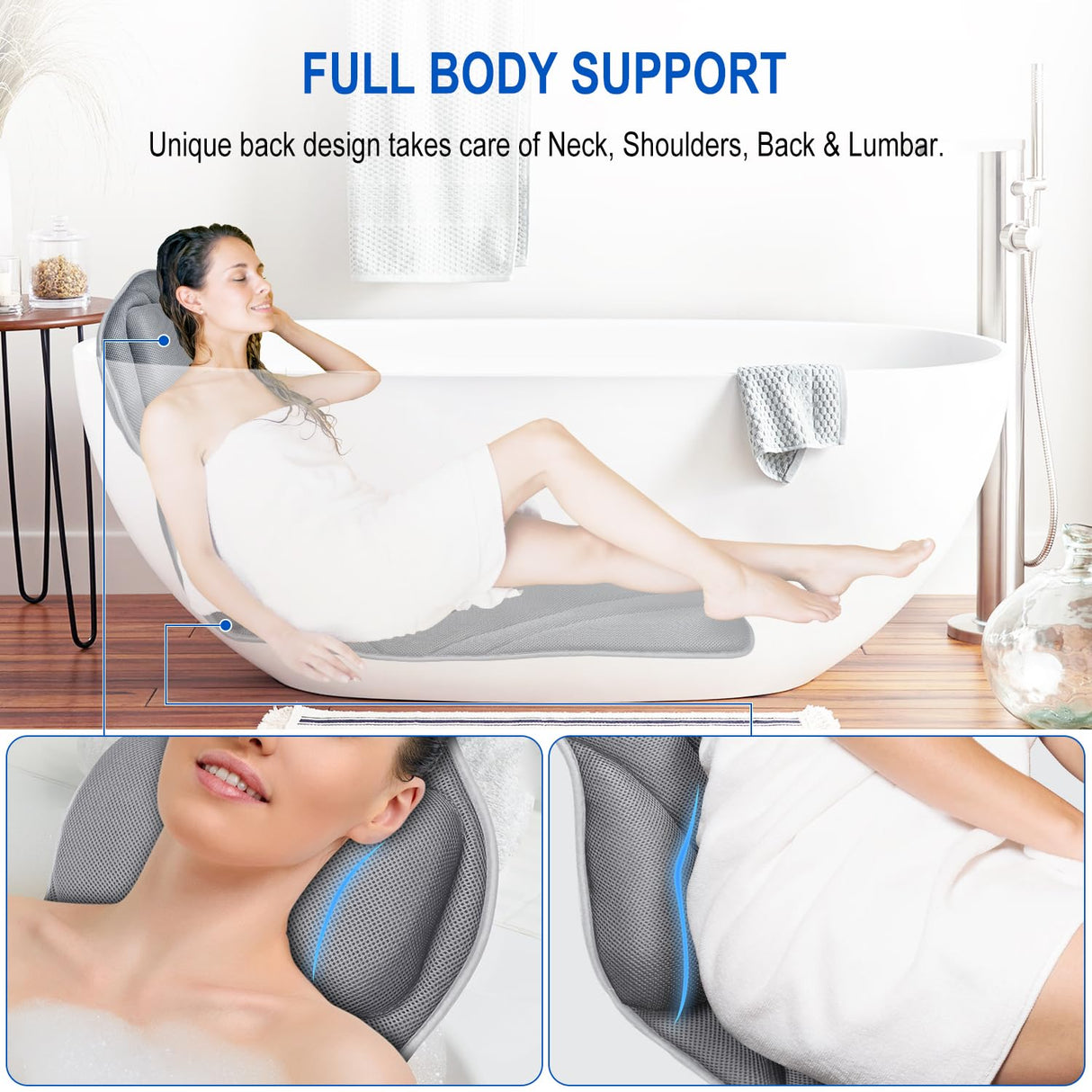 Full Body Bath Pillow for Bathtub, Luxury Bath Gifts for Women Thick Bathtub Cushion for Soaking Tub with Laundry Bag, Bathtub Pillow Luxury Bathtub Pillows for Head,Neck & Back,Spa (Light Grey)