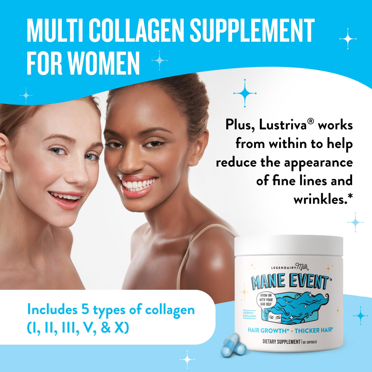 Legendairy Milk Mane Event™ - Hair Skin and Nails Vitamins with Collagen Peptides, Biotin & Lustriva® - Hair Vitamins for Women - Supplement Promotes Hair Growth for Thicker & Fuller Hair