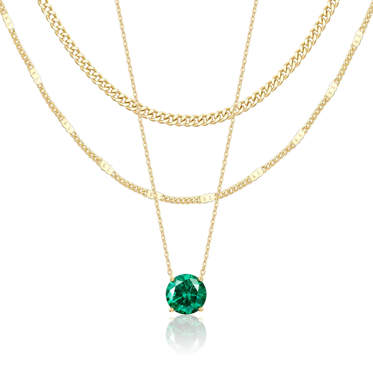 WomenGifts May Created Emerald (Deep Green) Layered Necklace Set, 14K Gold Plated Birthstone Pendant with Choker Cuban Link & Satellite Chain, Personalized Jewelry Gift