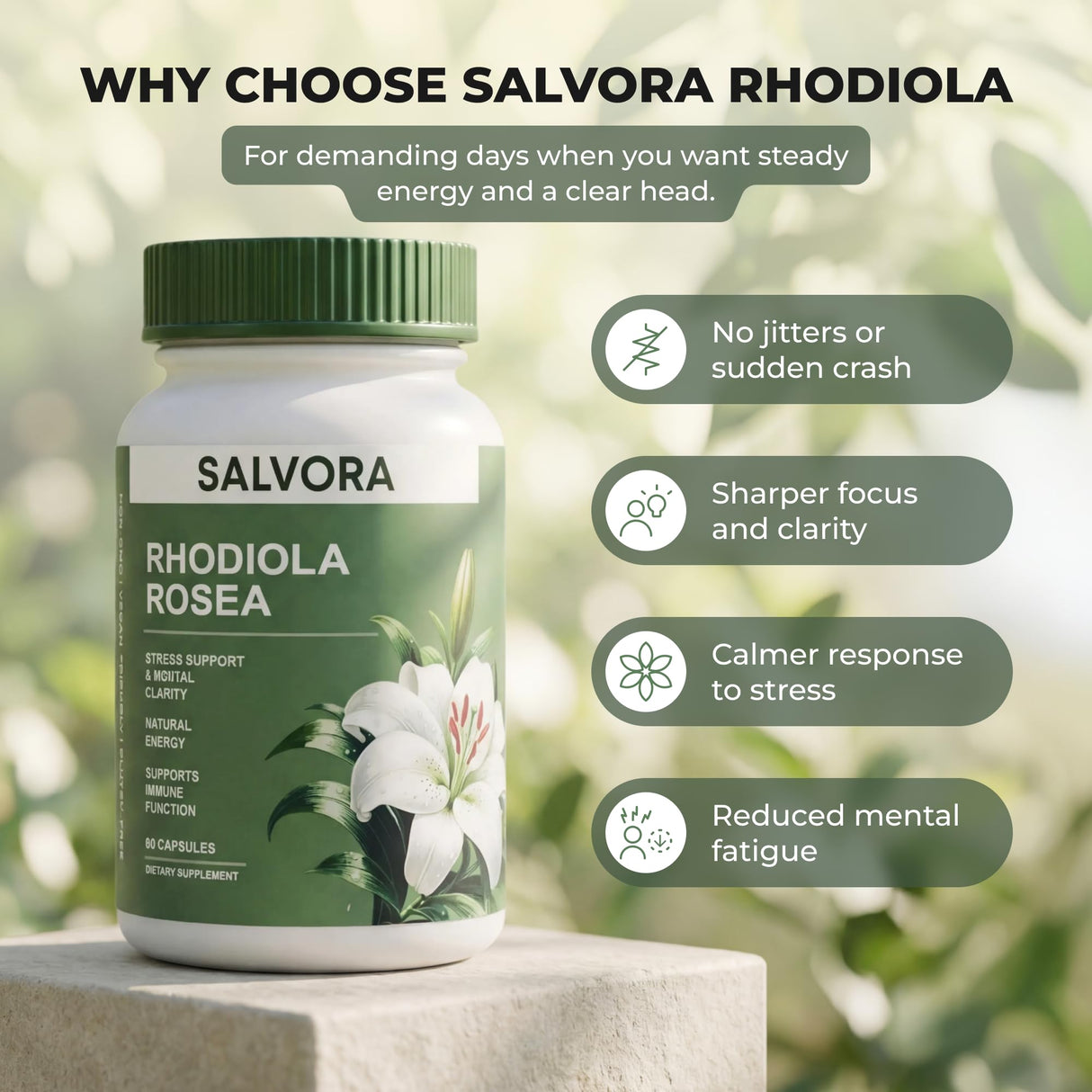 Salvora Rhodiola Rosea Supplement – Golden Root Adaptogen Capsules - Rhodiola Rosea Extract Powder Alternative with Salidroside for Stress Support - Energy, Focus & Performance