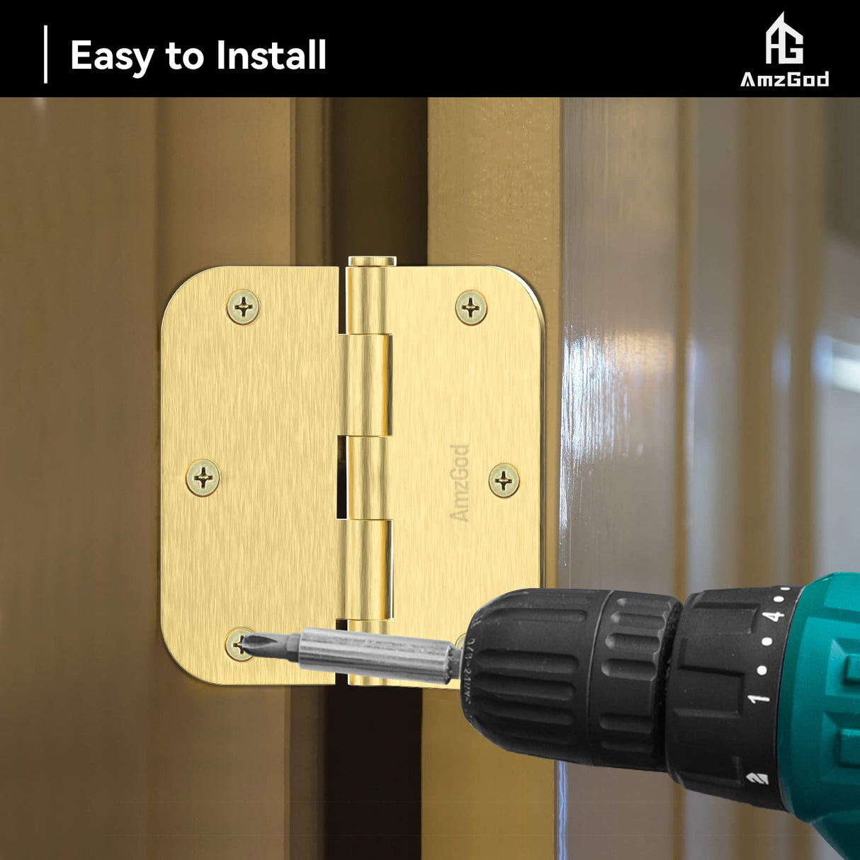 AmzGod Satin Brass Door Hinges - 12 Pack Gold Door Hinges 3.5 Inch Rounded Interior Door Hinge with 5/8" Radius - 3 1/2 Inches Flat Iron Brass Hinges for Residential Standard Doors