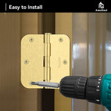 AmzGod Satin Brass Door Hinges - 12 Pack Gold Door Hinges 3.5 Inch Rounded Interior Door Hinge with 5/8" Radius - 3 1/2 Inches Flat Iron Brass Hinges for Residential Standard Doors