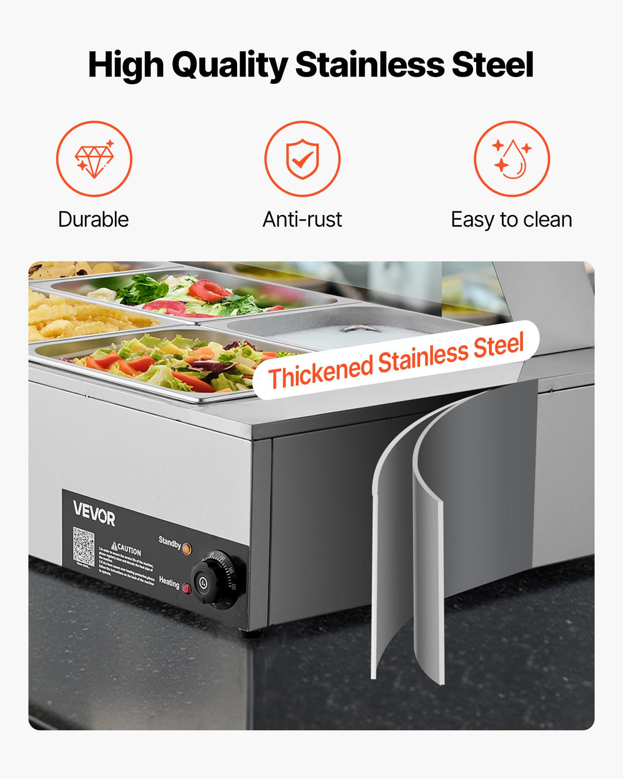 VEVOR Commercial Food Warmer, 1500W Electric Stainless Steel Steam Food Warmer with Glass Cover, 6 x 1/2 Size Pans Buffet Bain Marie with Soup & Perforated Ladles, for Catering, Restaurant & Party