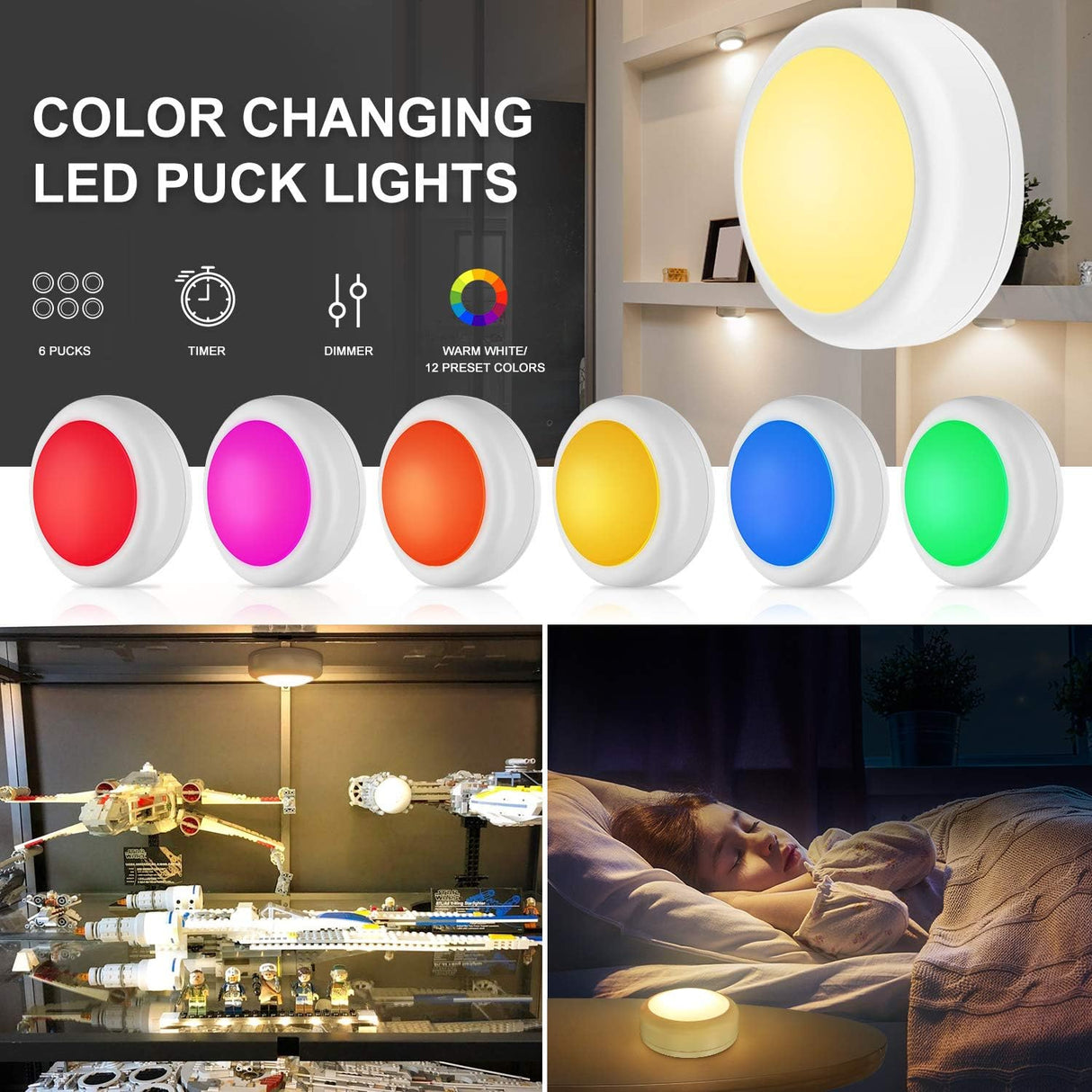 BLS LED Puck Lights with Remote Control, Wireless Under Cabinet & Closet Lighting, RGB 13 Color Changing Lights with Dimmer, Timer & AA Battery Operated, Push, Touch, Stick on for Night, White, 6 Pack