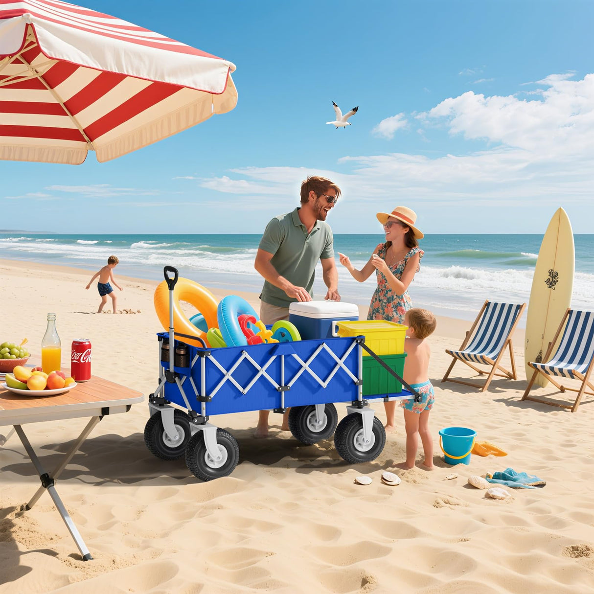 Blue Beach Wagon with Big Wheels for Sand - Heavy Duty 10" Wheel Collapsible Wagon Foldable Large Cart Folding All Terrain for Camping