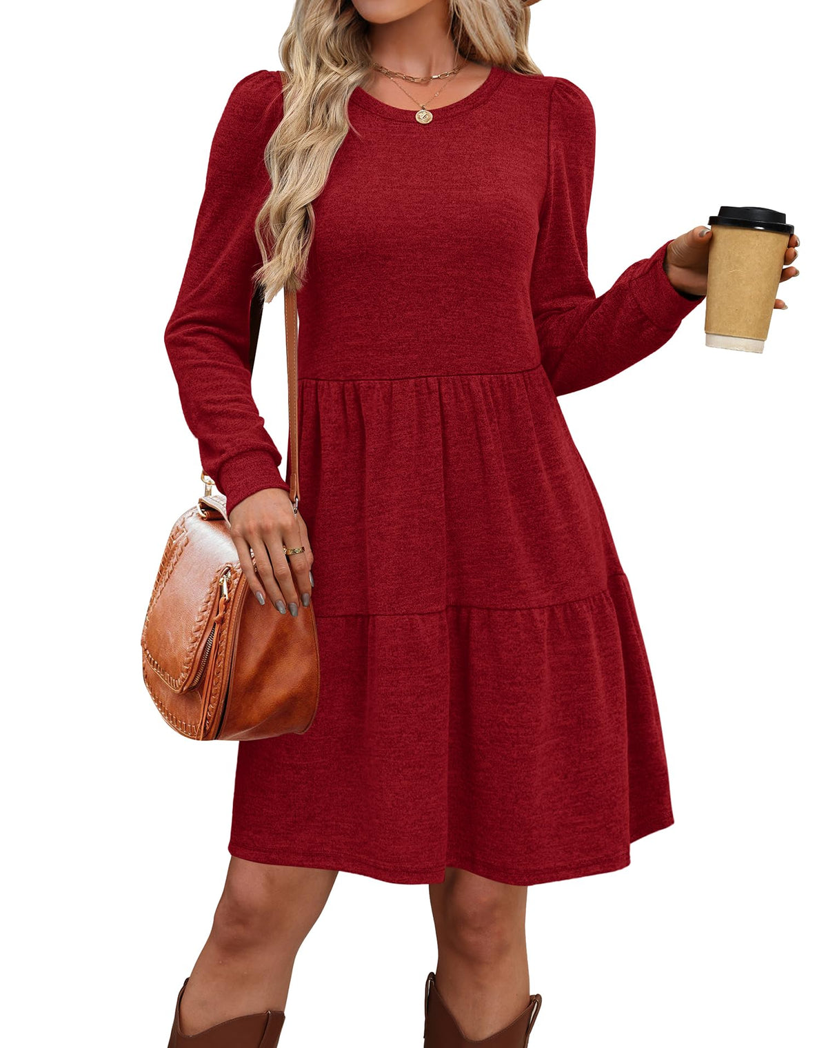 OFEEFAN Christmas Dresses for Women 2025 Long Sleeve Winter Sweater Italian Dress with Pockets Early Fall Clothes Deals Fashion Clothing Teachers Outfits Red M