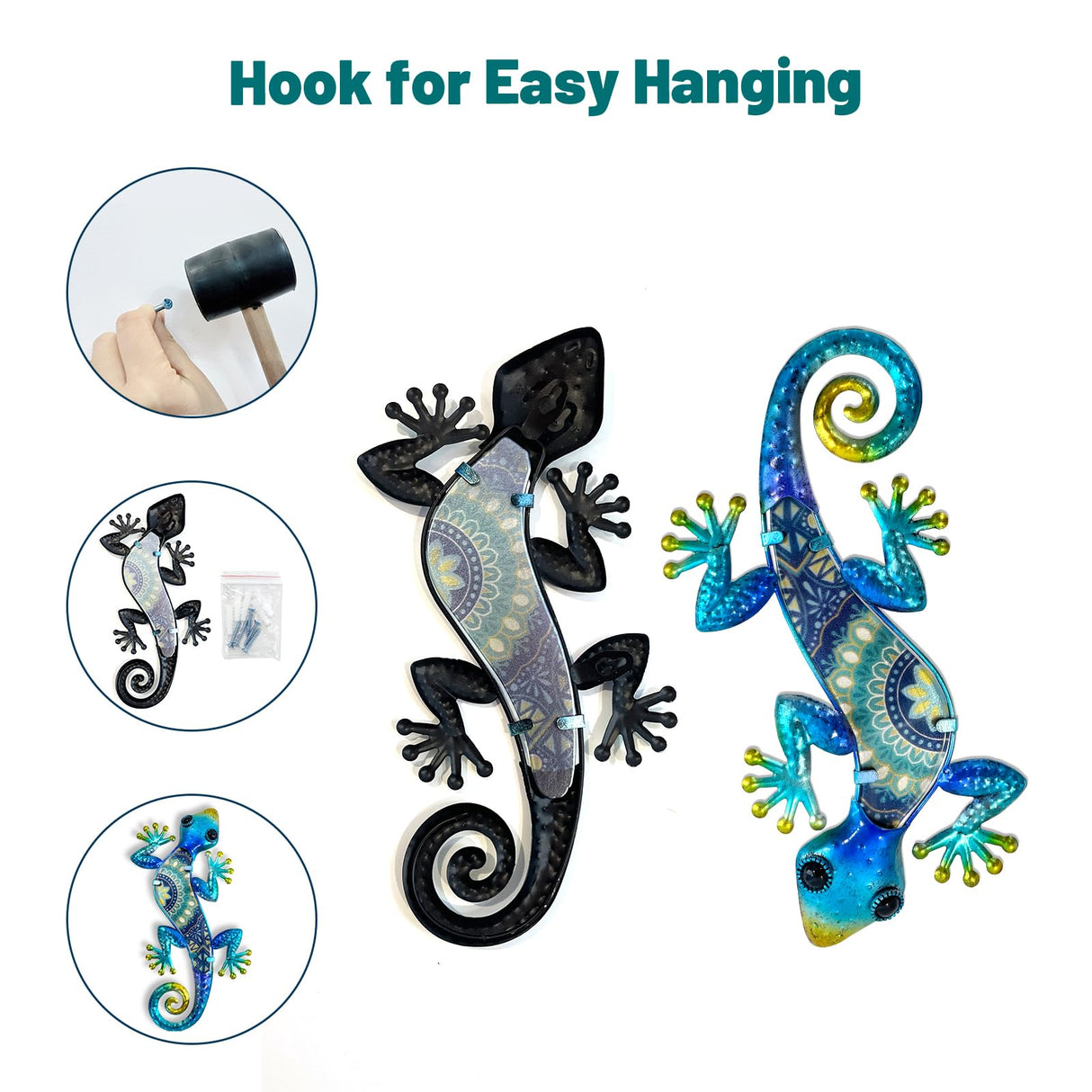 HONGLAND Metal Gecko Wall Art 2Pcs Outdoor Wall Decor 12 Inch Lizard Metal Hanging Wall Decoration Glass Sculpture for Garden Yard Patio Fence Home (Boho Blue)