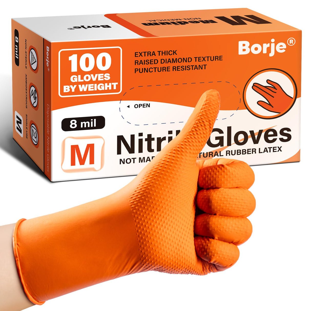 Borje Orange 8 Mil Nitrile Disposable Gloves, Heavy-Duty Mechanic Gloves, 100 Count, Medium, Latex & Powder Free with Raised Diamond Texture, Industrial, Automotive, Gardening