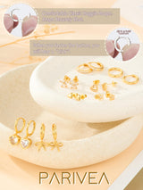 PARIVEA 12 Pairs Small Stud Hoop Earrings Set for Women - 14K Gold Plated Huggie Hoops Hypoallergenic Earring Cute Dainty Flower Heart Stud Earrings for Jewelry Gift, GOLD