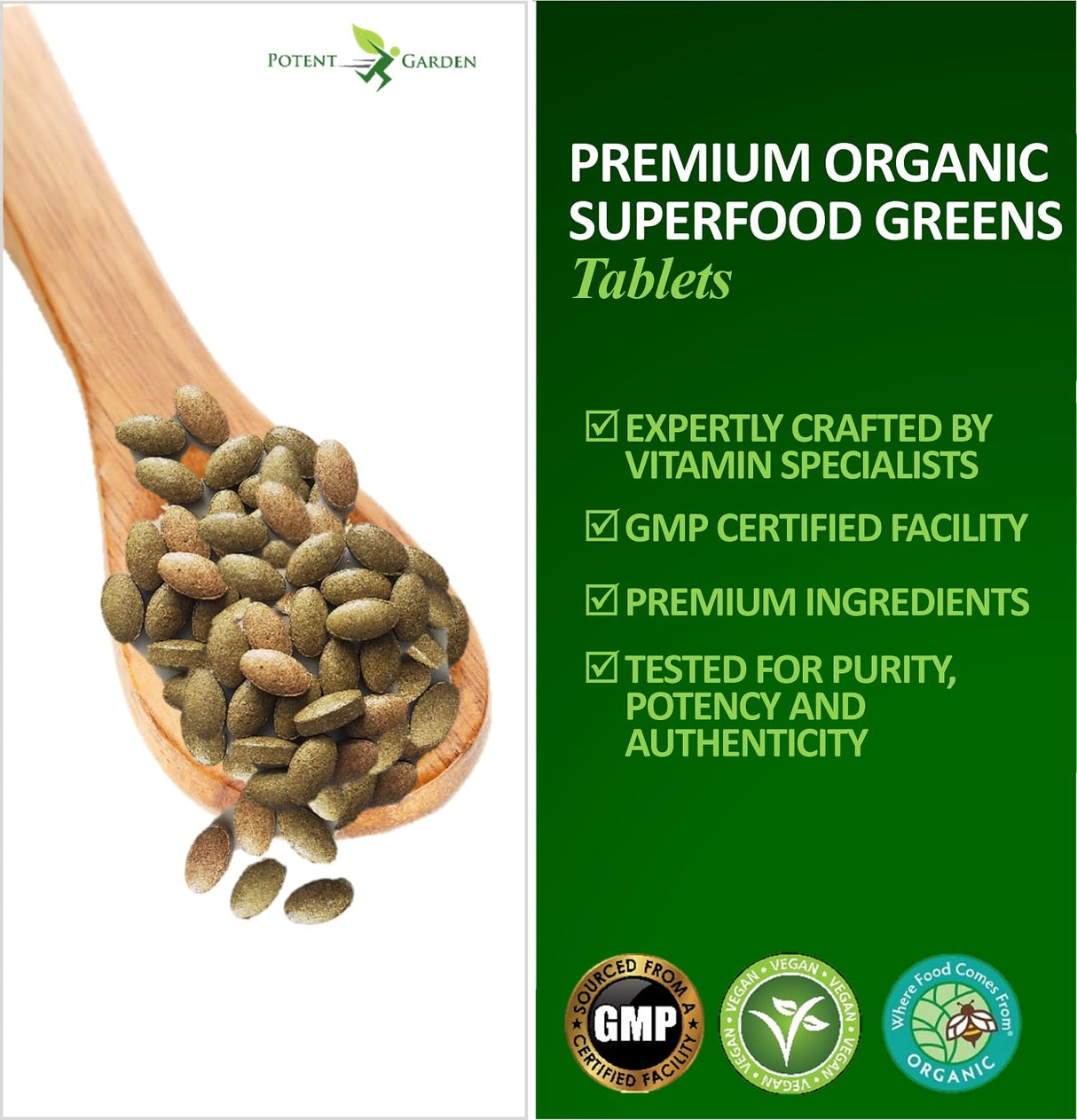 Potent Garden Organic Superfood Greens, Fruit and Veggies Supplement Rich in Vitamins & Antioxidants with Alfalfa, Beet Root & Tart Cherry to Boost Energy, Immunity & Gut Health, Greens Tablets 60 Ct