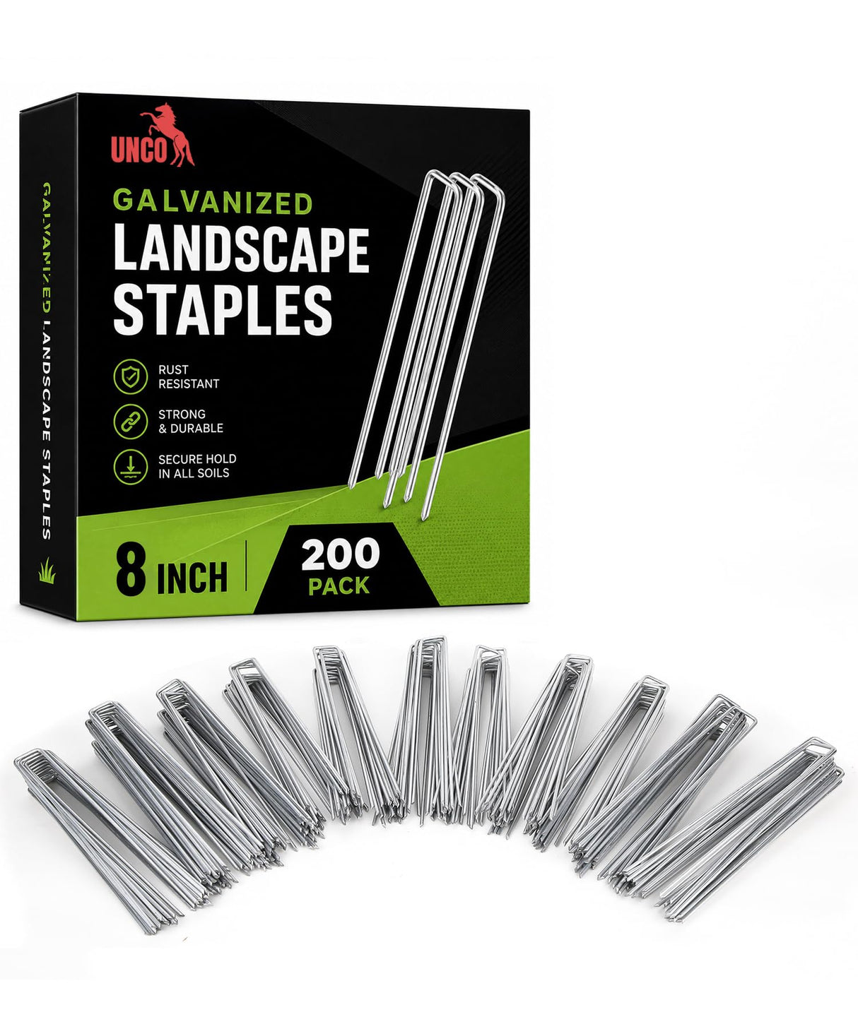 UNCO- Galvanized Landscape Staples, 8 Inch, 200 Pack, Garden Staples, U-Shaped Landscape Pins for Weed Barrier Cover, Ground Cover