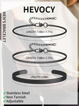 HEVOCY 3-Piece Black Bracelet Set for Men, Cuff and Chain Stack