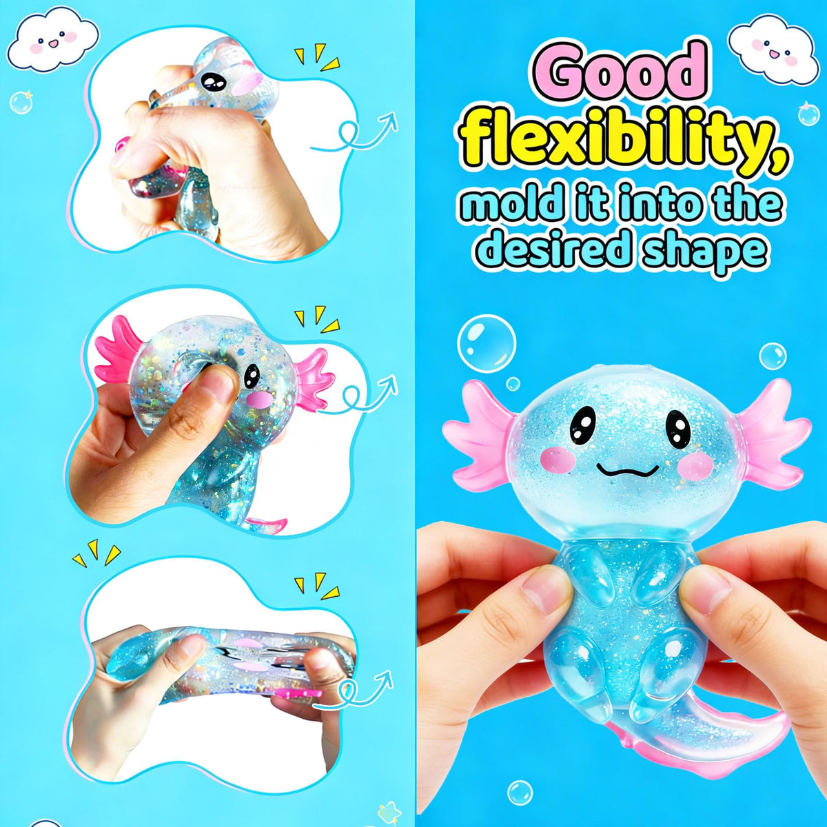 2 Pcs Axolotl Squishy Stress Relief Toy, Stretchy Axolotls Stress Soft Squeeze Sensory Fidget Toys for Kids Adults, Cute Axolotls Squishies Party Favors Classroom (BluePink)