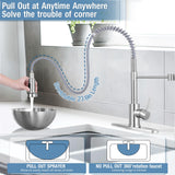 DJS Kitchen Faucets with Pull Down Sprayer Brushed Nickel -Single Handle 1 or 3 Holes Spring Kitchen Sink Faucet with Deck Plate for Farmhouse RV Vessel Basin