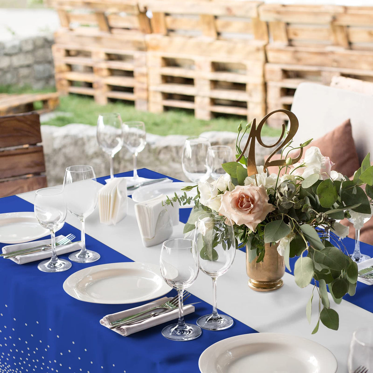 16Pack Disposable Plastic Tablecloths and Satin Table Runner Set Blue and Silver Dot Tablecloth Silver Satin Table Runner for Wedding Birthday Baby Shower Anniversary Christmas New Year Party Supplies