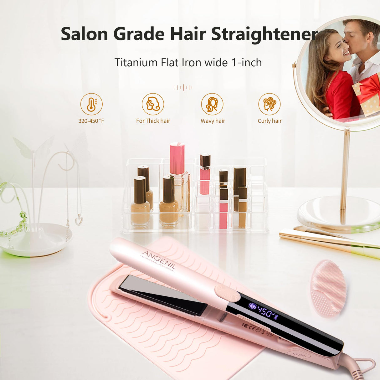 ANGENIL Titanium Flat Iron Hair Straightener and Curler 2 in 1, Anti-Scald Silicone Dual Voltage Hair Straightener, Ionic Pink Flat Iron with Heat Resistant Silicone Mat, Facial Cleansing Brushes