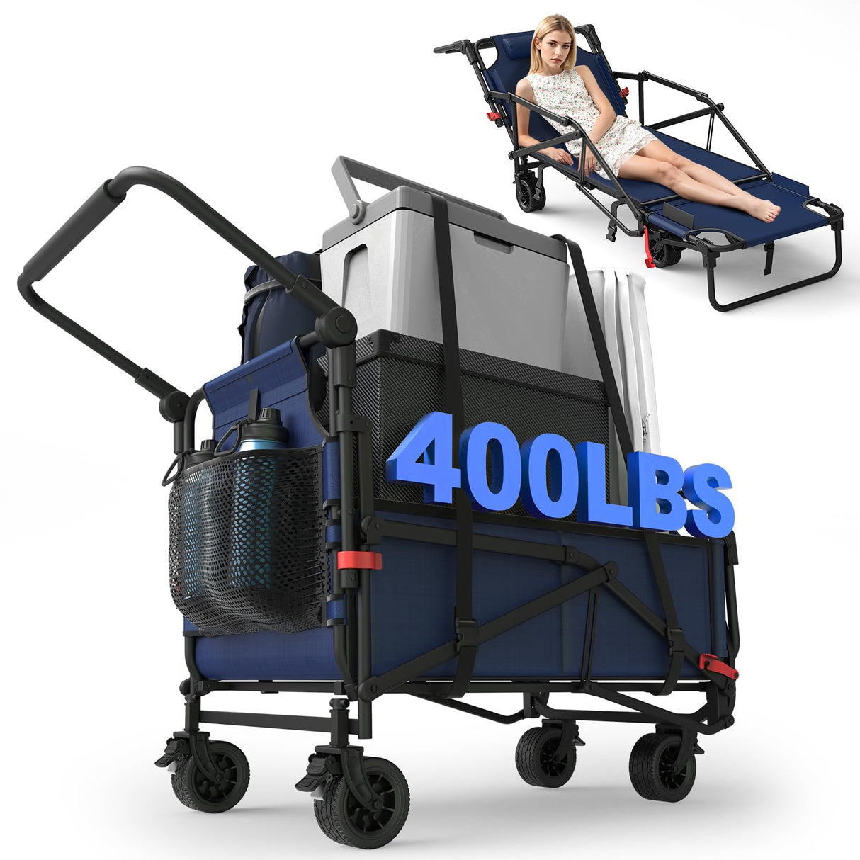 LEVELEVE Heavy Duty Folding Wagon - 2-in-1 Collapsible Cart, All-Terrain Wheels w/Brakes & Side Pockets (Blue,650lb Capacity)