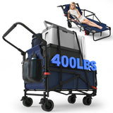LEVELEVE Heavy Duty Folding Wagon - 2-in-1 Collapsible Cart, All-Terrain Wheels w/Brakes & Side Pockets (Blue,650lb Capacity)