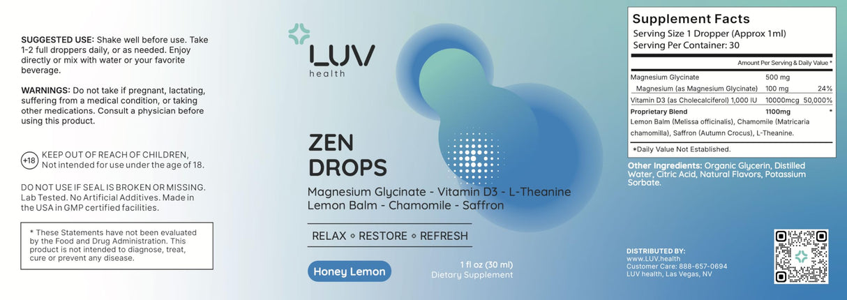 LUV Zen Drops – Botanical Liquid Blend with Magnesium Glycinate, Vitamin D3 & Herbal Extracts for Everyday Balance – Vegan, Non-GMO, USA Made, 30 Servings