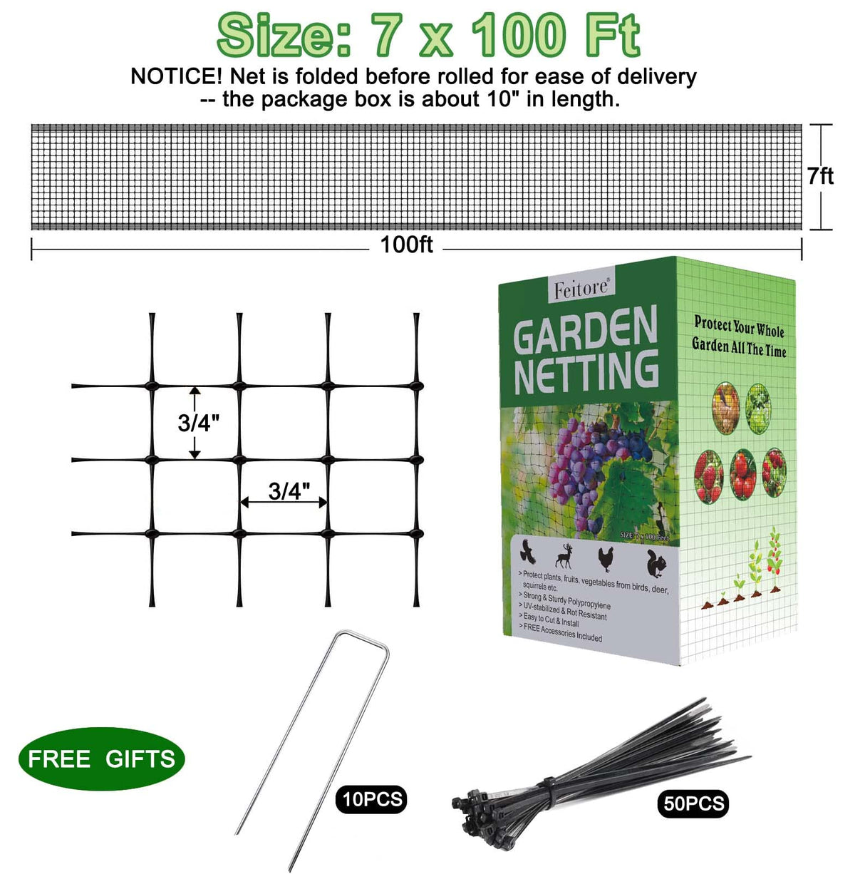 Feitore Deer Fence Netting, 7x100ft Garden Net Bird Netting,Reinforced Edge