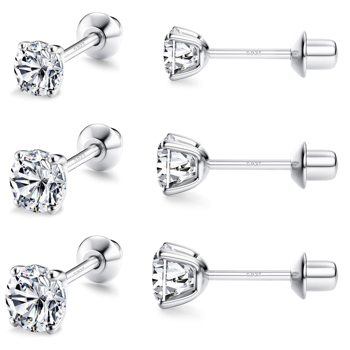 FASACCO 925 Sterling Silver Stud Earrings 18K White Gold Plated Screw Back Earrings for Women Girls Hypoallergenic Cubic Zirconia Earrings Studs 3MM 4MM 5MM Sparkling CZ Silver Over 36 Months Old