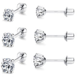 FASACCO 925 Sterling Silver Stud Earrings 18K White Gold Plated Screw Back Earrings for Women Girls Hypoallergenic Cubic Zirconia Earrings Studs 3MM 4MM 5MM Sparkling CZ Silver Over 36 Months Old
