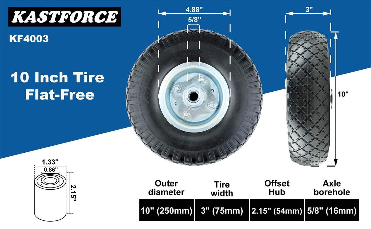 KASTFORCE KF4003 Twin Pack 10-Inch Solid Rubber Tire Wheels Replacement 3.00-4 Tires Wheels Flat Free with 5/8" Bearings 2.15" Offset Hub Perfect for Hand Truck Wheelbarrow Garden Cart Non-Flat