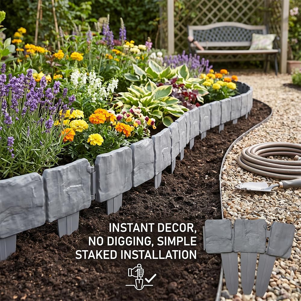 Decorative Imitation Stone Garden Fence: Plastic Edging Border Faux Stone Landscape Edging with Interlocking Spikes - Flexible Plastic Lawn Edging for Flower Beds, Yard, Pathway (20, Grey)
