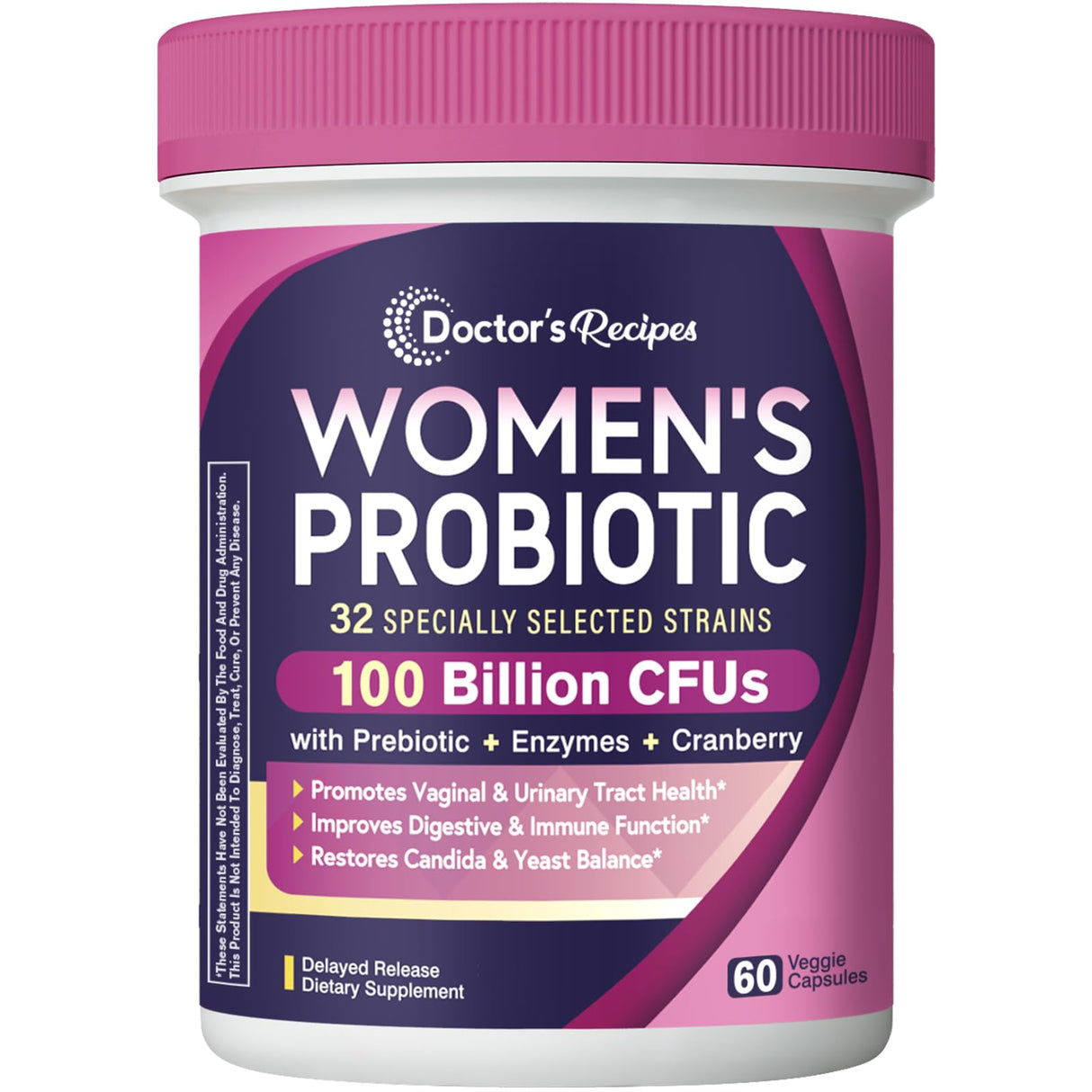 Doctor's Recipes Probiotics for Women, 100 Billion CFU 32 Strains, with Prebiotic Fiber, Enzymes & Cranberry, Vaginal Urinary Digestive & Immune, No Yeast, Shelf Stable, Delayed Release, 60 Caps