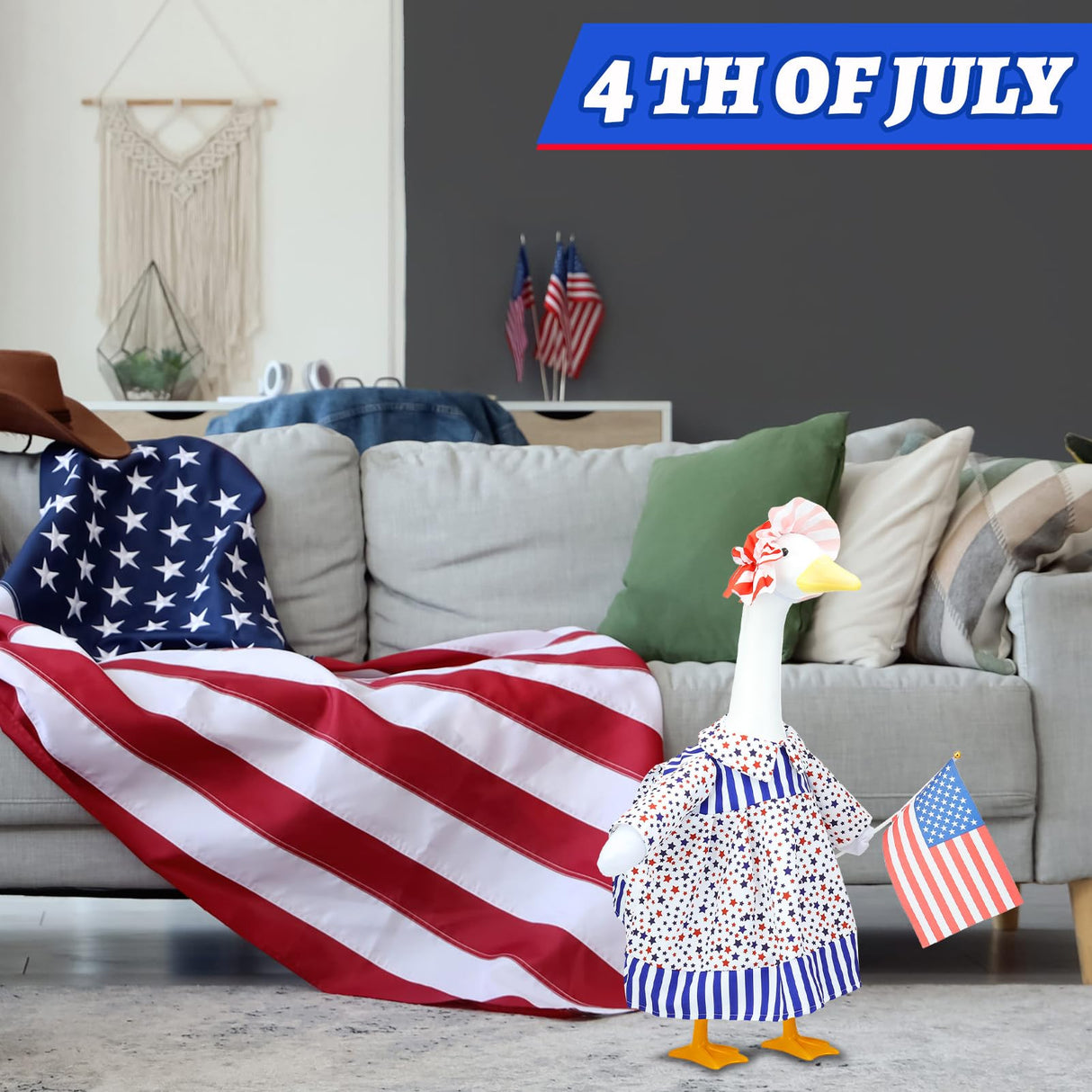 Hoemwarm 2 Set 4th of July Porch Goose Outfits 23" Patriotic Cement American Flag and Star Goose Clothes Costume Independence Day for Outdoor Patio Yard Decoration