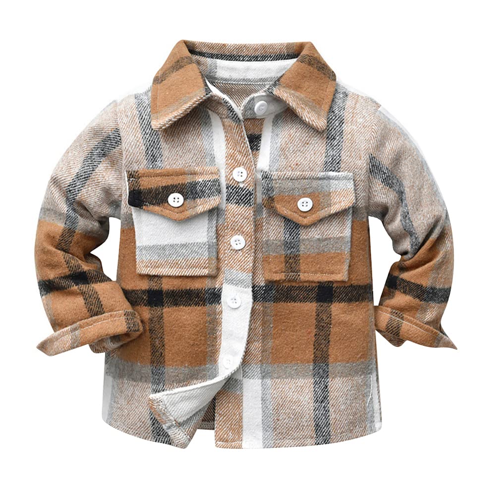IBTOM CASTLE Toddler Boys Plaid Flannel Shirts-Little Kids Girls Long Sleeve Lapel Button Down Pocketed Shirts Regular Fit Western Shirts Casual Fall Coat Christmas Outfit Brown 8-9 Years