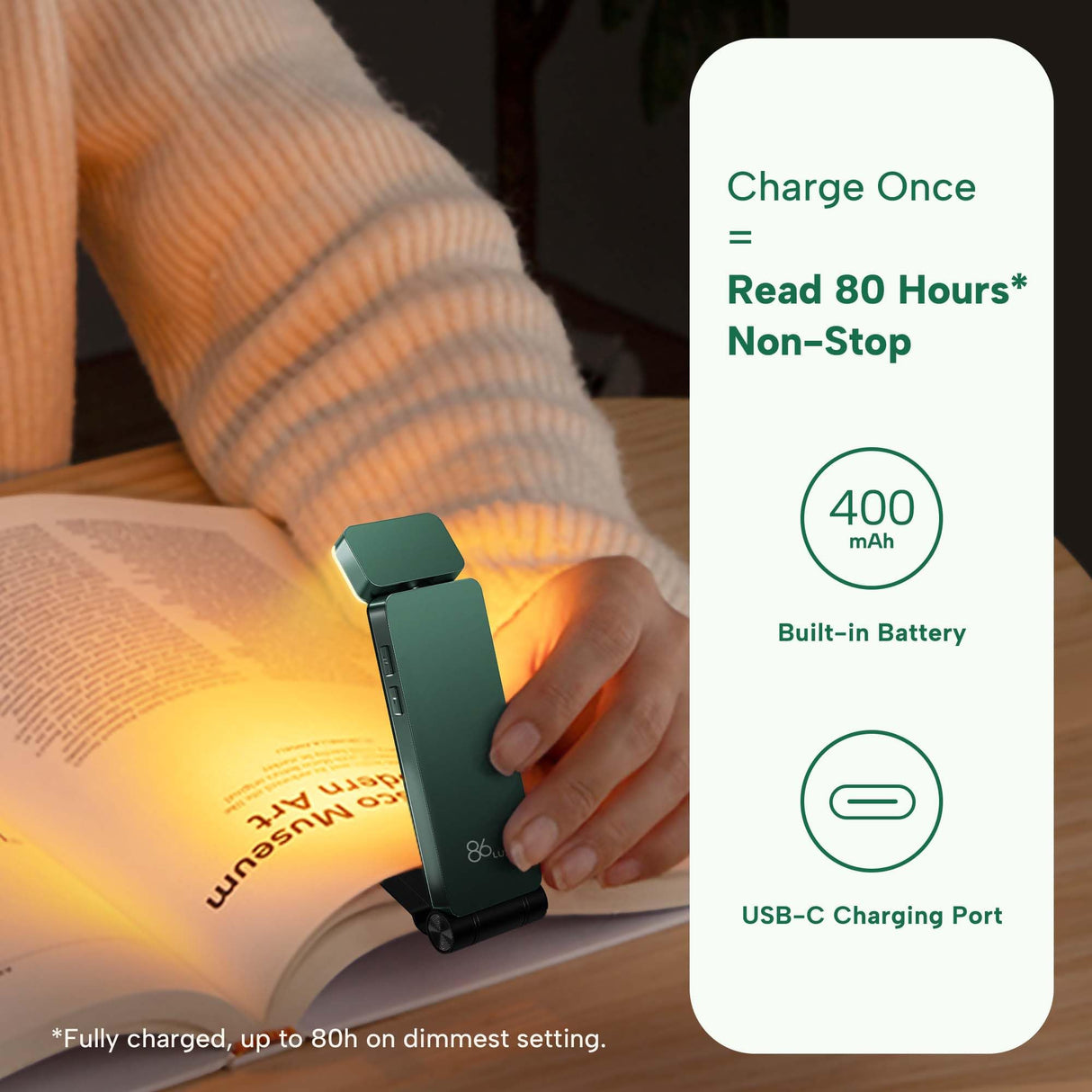 86lux Book Light, Rechargeable Reading Lights for Books in Bed, Ultralight Clip-on LED Bookmark Lamp with 3 Amber Colors & Stepless Dimming for Night Reading for Book Lovers, Kids,Hunter Green