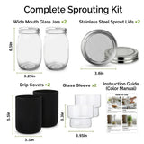 DWETG Sprouting Jar Kit, 2 Pack Wide Mouth Mason Jar Sprouter with Stainless Stee Screen Lids & Mess-Free Drip Covers Complete Indoor Microgreens Growing Kit Broccoli Alfalfa Gardening Gift