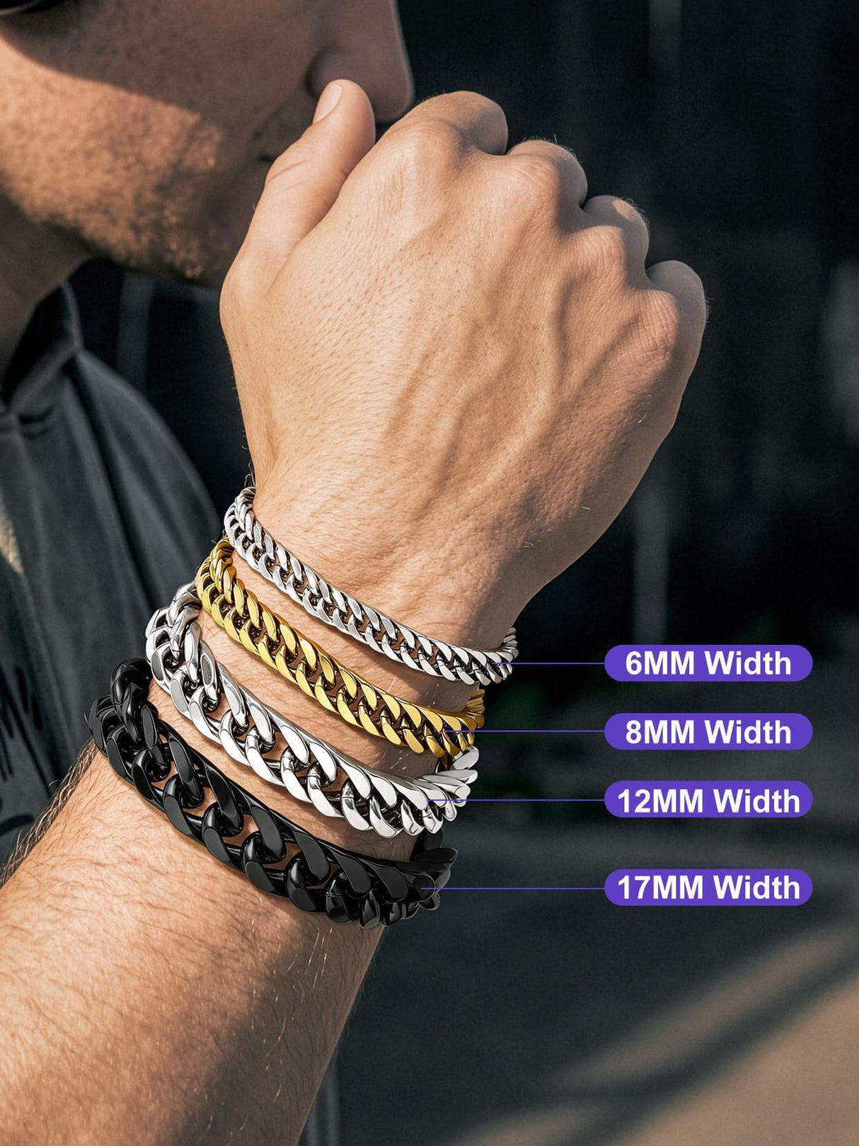 Richsteel Stainless Steel Cuban Link Beacelet for Men, Black Bracelets for Men 8mm Width 7.4 Inch Length Black Chain Wrist Bracelets Fashion Accessories Jewelry Gifts