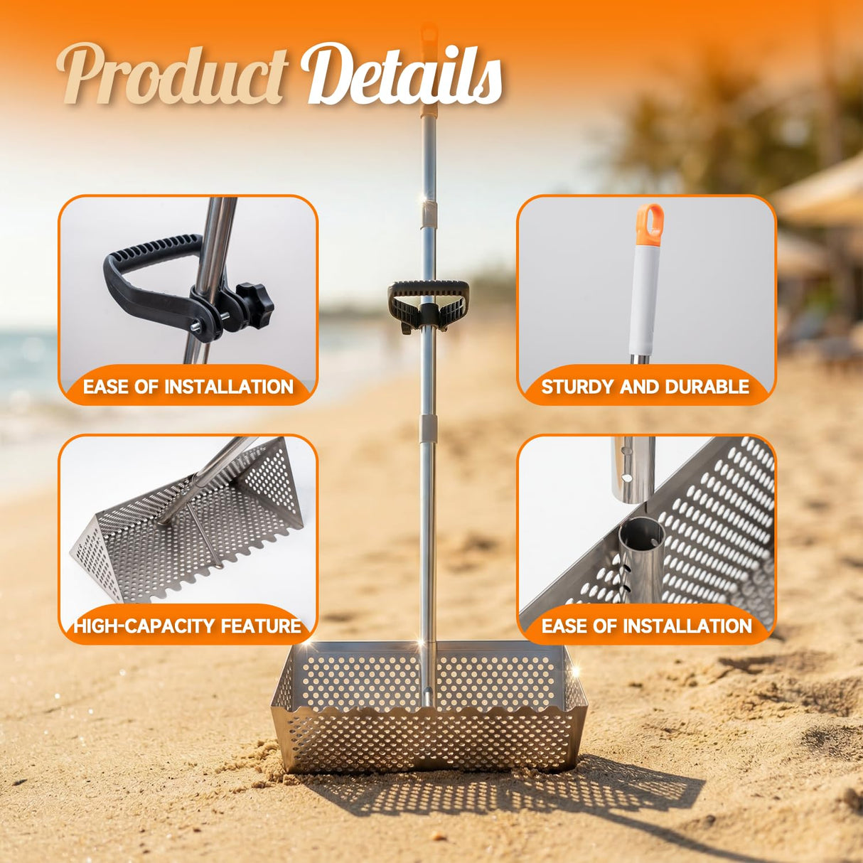 Sand Flea Rake with Beach Mesh Shovel, Detachable Long Handle Sand Sifter for Beach, The Shark Tooth Screen Comes with 16in Width Drain Screen with 52in Handle