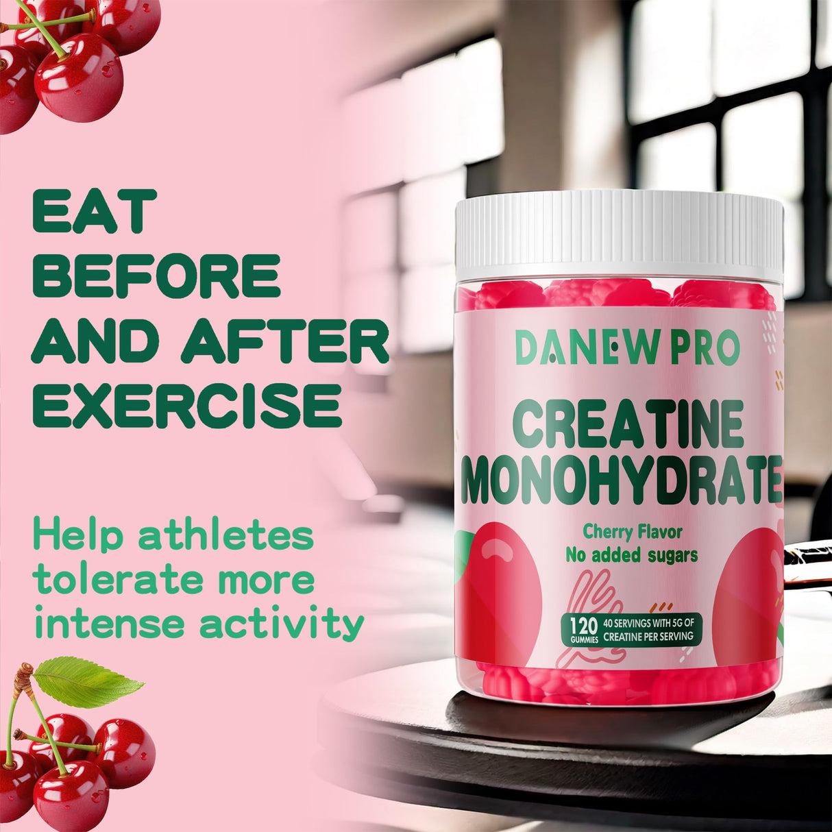 DANEW Pro Creatine Monohydrate Gummies 5000mg for Men & Women, Creatine Monohydrate for Muscle Strength, Muscle Builder, Energy Boost, Pre-Workout Supplement(120 Count)-Cherry Flavor
