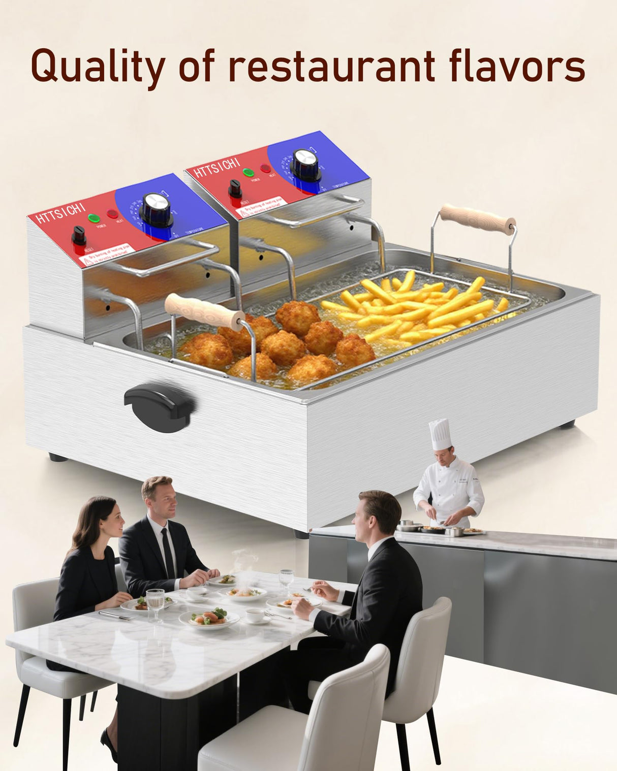 HTTSICHI Commercial Deep Fryer - 22 L Electric Deep Fryer with 10 L Basket, Commercial Deep Fryer with Basket (3Pcs), Stainless Steel Countertop Deep Fryer w/Adjustable Temperature and Restaurant