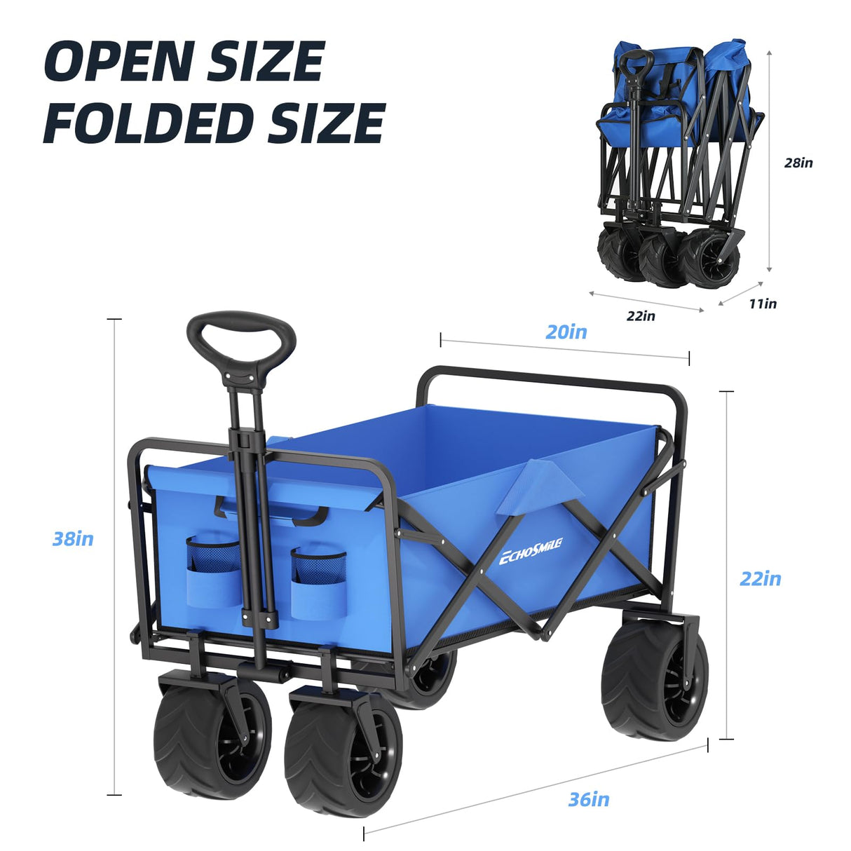 EchoSmile Wagons Carts Foldable Heavy Duty 350L Capacity for Camping, Blue