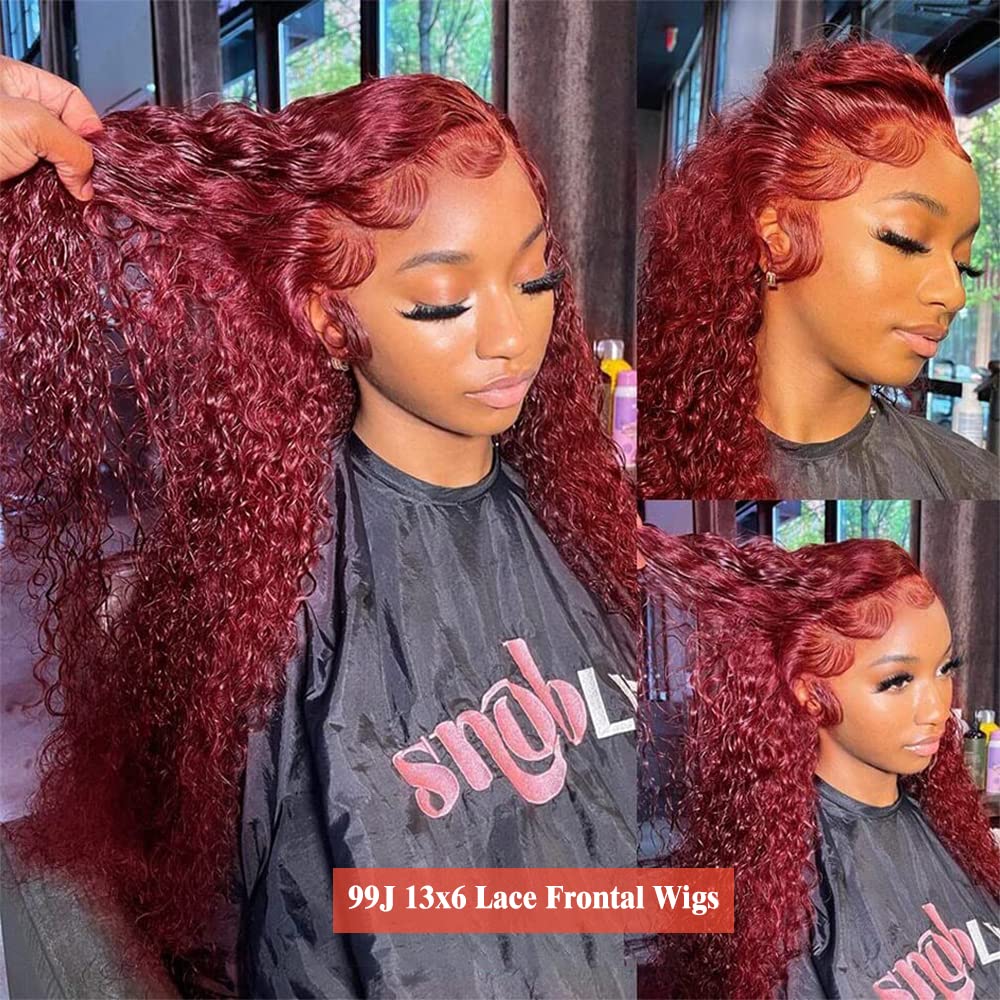 CHEETAHBEAUTY 99J Burgundy Deep Wave 13X6 HD Transparent Lace Front Wigs Human Hair Brazilian Virgin Human Hair Wigs for Black Women Deep Curly Wigs Pre Plucked with Baby Hair 250% Density(30inch)