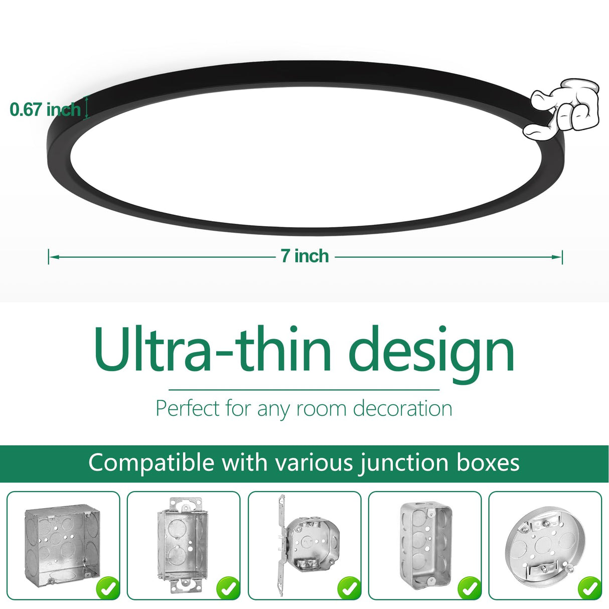 Brightever Black Flush Mount Ceiling Light, 7 Inch 12W, Super Slim 0.67 Inch 1200LM LED Ceiling Light Fixtures, Dimmable & 2700K/3000K/4000K/5000K/6500K 5 Color in One Ceiling Lamp for Closet, 2 Packs