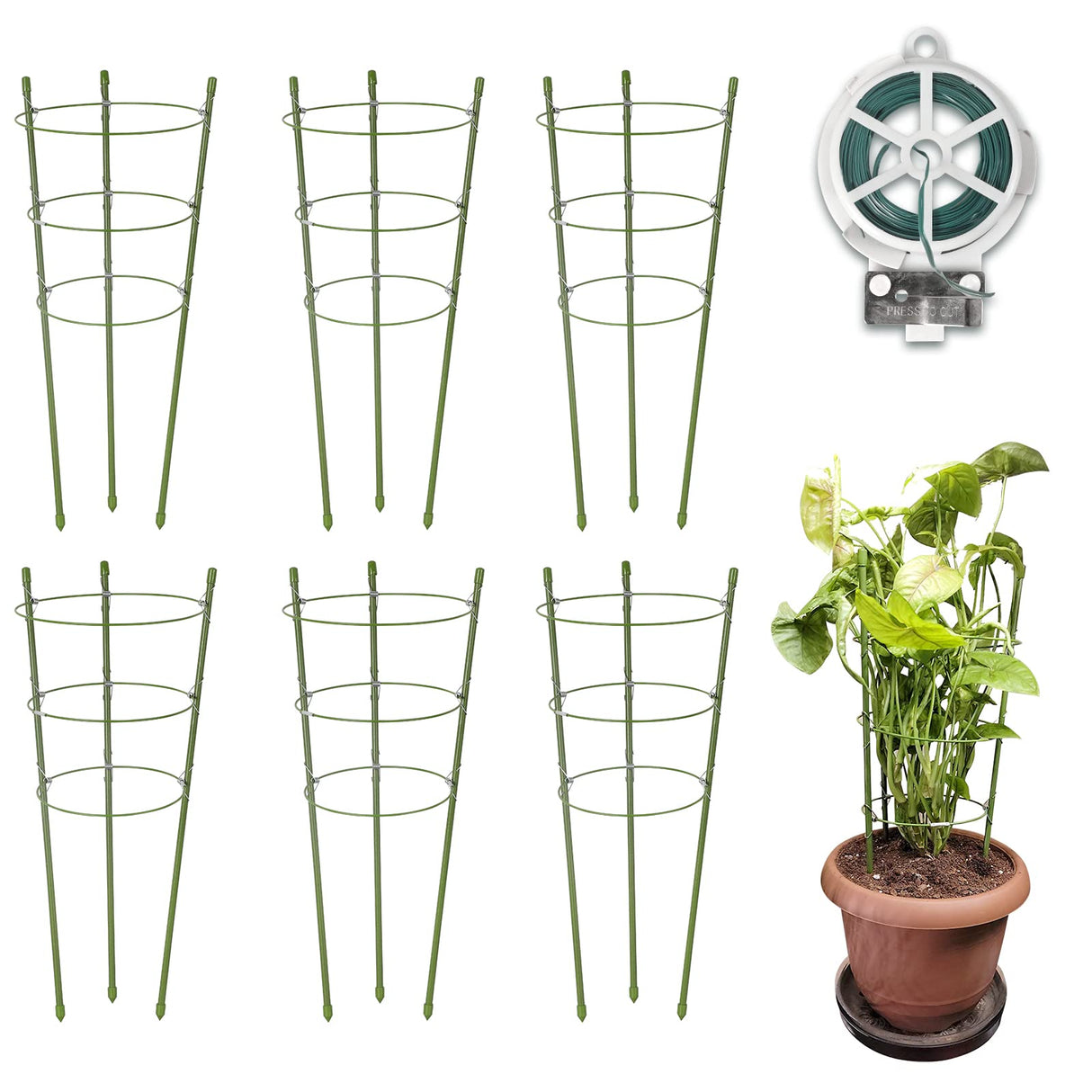 Garmeinea 6 Pack Plant Support Cages 18 Inches Small Tomato Cages and Supports with Adjustable Rings for Garden Pots, Climbing Plants, Bonus 98 Feet Twist Ties