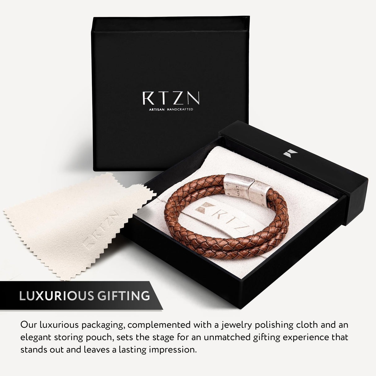 RTZN Brown Leather Bracelet for Men Premium Artisan Handcrafted Double Strand Braided Mens Bracelet (Medium)